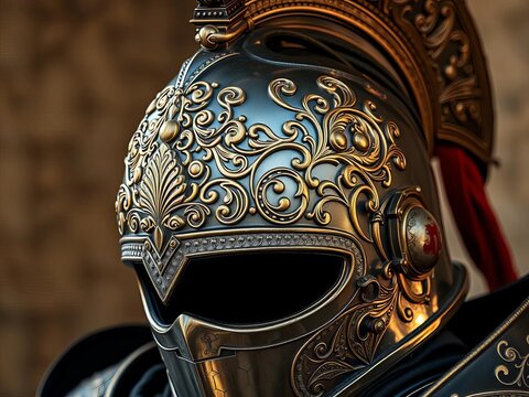Ornate helmet with filigree, scrollwork, and enameling on a medieval armor suit, medieval, adventure