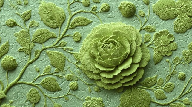 Light green embossed floral pattern with hydrangea and rose motifs, layered leaves, buds, and vines on textured paper, elegant romantic botanical design for premium packaging