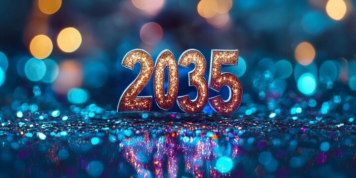 Golden 2035 Numbers Shimmering Against a Festive Backdrop with Glitter and Magical Atmosphere