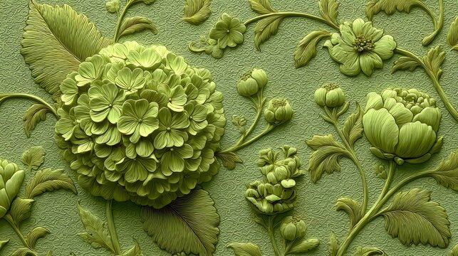 Light green embossed floral pattern with hydrangea and rose motifs, layered leaves, buds, and vines on textured paper, elegant romantic botanical design for premium packaging