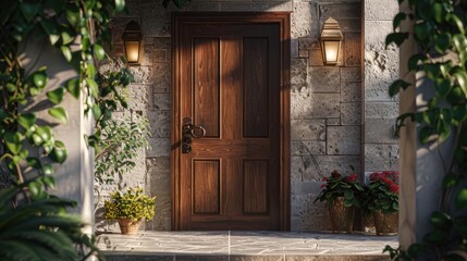 Fototapeta premium The Enchanted Portal: A Wooden Door and Stone Building