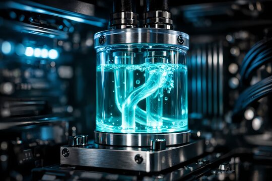 Advanced custom built gaming computer showcasing clear tubes running vibrant cyan liquid cooling system over processor. Suitable for pc hardware building guides and high performance tech.