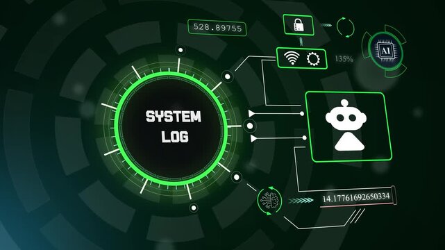 High-tech technical screen with automated robotic assistant for real-time system log analytics and information technology videos, hud animation