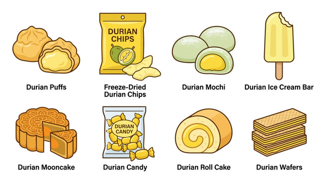 Collection of delicious durian flavored desserts and snacks including puffs, chips, mochi, ice cream, mooncake, candy, roll cake, and wafers.