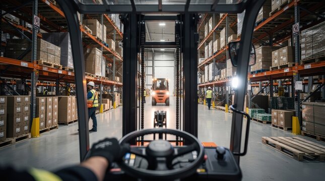 A view from a forklift operator's perspective in a busy warehouse, showcasing shelves stocked with boxes and another forklift in operation.