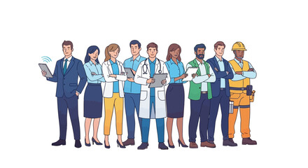Fototapeta premium A diverse group of professional characters, an illustration representing International Labor Day, stand together against a clean white background in a flat vector style, conveying a sense