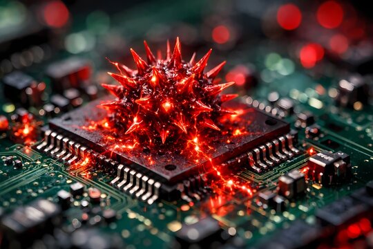This dramatic illustration visualizes a dangerous red glowing computer virus infecting a motherboard perfectly suited for cyber attacks malware threats and digital security awareness works