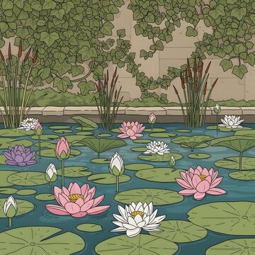Tranquil Pond with Blooming Water Lilies and Lush Greenery in Serene Garden Setting