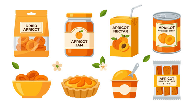 A comprehensive collection of delicious apricot products and derivatives like dried fruit, jam, nectar, canned halves, a tart, and frozen dessert options.