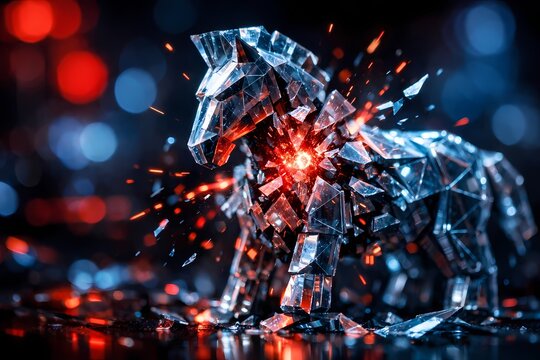This brilliant digital illustration captures a fractured crystalline trojan horse radiating red energy perfectly suited for cyber warfare network infiltration and malicious software themes