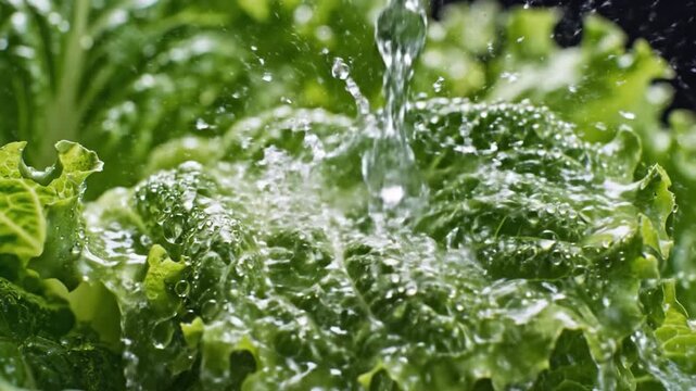 Fresh green lettuce leaf close up with natural vibrant texture, water droplets and splash showing hydration and freshness of healthy vegetable in bright natural light macro view