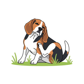 A dog is scratching itself while sitting on the grass