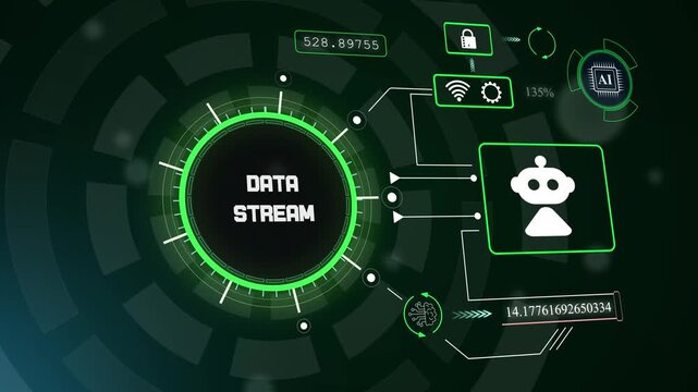 High-speed digital data stream visualization with intelligent robot icon for cloud communication and server network transfer, hud animation