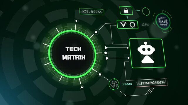 Advanced cybersecurity dashboard showcasing tech matrix pattern analysis and secure information data flow for pro videos, hud animation