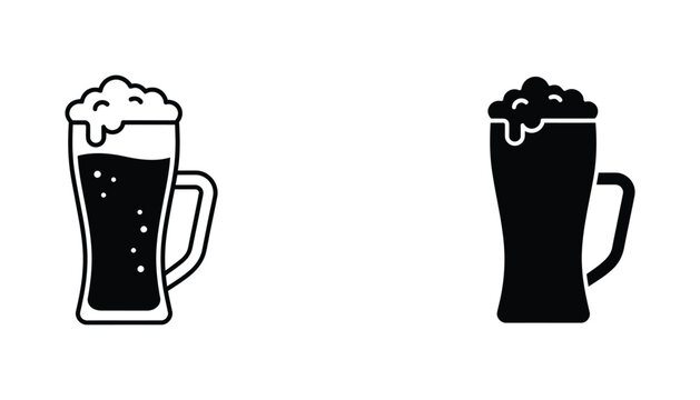Classic beer mug vector icon with frothy head outline and solid black styles representing beverages and celebration
