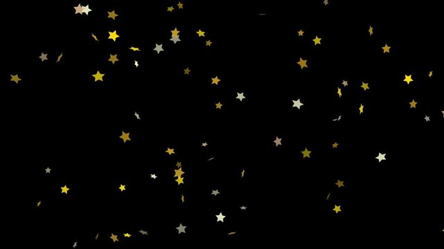 High-quality HD resolution animation featuring gold star confetti particles. Realistic 3D rotation and physics on solid background. Perfect for branding, festive events, and creative video transitions
