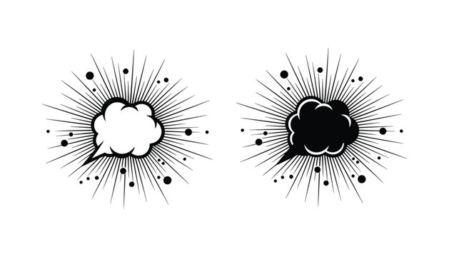 Comic book style speech bubble with explosive sunburst effect and decorative dots in black and white vector illustration