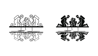 Scuba divers preparing for a dive vector illustration with reflections below on a clean white background © Emma
