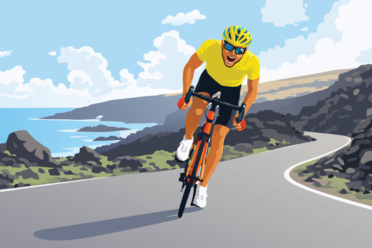 Cyclist riding a bicycle on a coastal road.