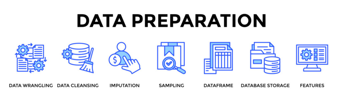 Data Preparation  Banner Web  Icon Set Collection Pack Vector Illustration Concept Containing Data Wrangling, Data Cleansing, Imputation, Sampling, Dataframe, Database Storage, Features