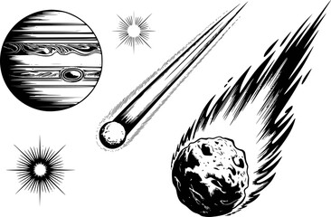 Black and white of jupiter, comets, and starbursts white background, space planet © Ripa_Moni