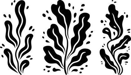 Fototapeta premium Black silhouette of stylized seaweed and bubbles white background, ocean nature underwater