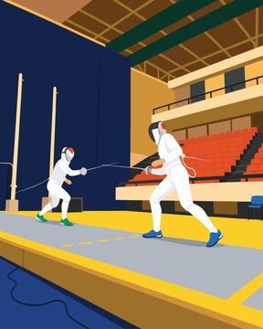 Two fencers competing in a professional fencing match.