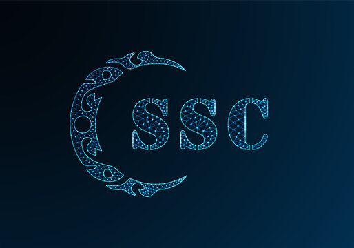 Low poly letter logo SSC design. SSC letter logo low poly vector design on blue color gradient background. SSC logo low poly design