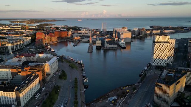 Aerial panoramic view of J&auml;tk&auml;saarenlaituri and the old harbour port area in Helsinki, Finland.