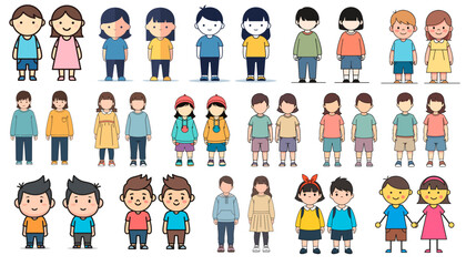 Fototapeta premium Hand drawn set of twin children characters in different outfits and poses, cute flat style illustration collection for childhood and family concepts