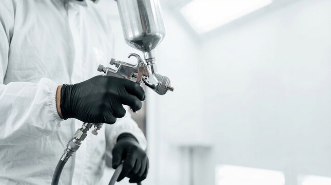 Spray painting professional holding pneumatic spray gun in sterile cleanroom environment for industrial coating and surface finishing