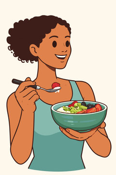 Woman eating a healthy salad from a bowl.