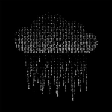 Vector abstract cloud computing silhouette formed by binary code particles and data rain on black background for technology digital artificial intelligence and cloud storage concept