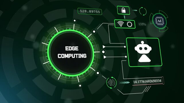 Modern edge computing interface visualizing secure data processing on local server nodes within a global network, hud animation