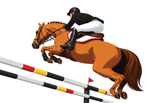 Equestrian rider jumping over a hurdle with a brown horse during an competition event.