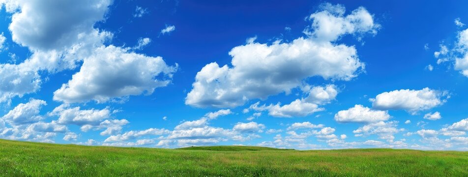 A vast green field stretches under a brilliant blue sky with fluffy white clouds