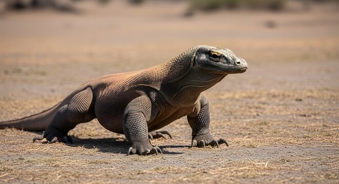 A Komodo dragon walking across dry terrain, captured in its natural habitat with detailed texture and strong presence