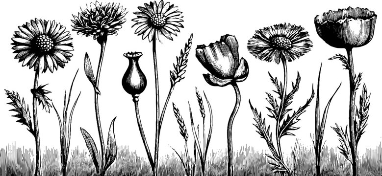 Wildflower stems and poppy blooms rising from grassy foreground