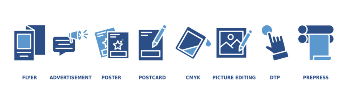 Print banner web icon vector illustration concept with icon of flyer, advertisement, brochure, poster, postcards, cmyk, picture editing, dtp, and prepress