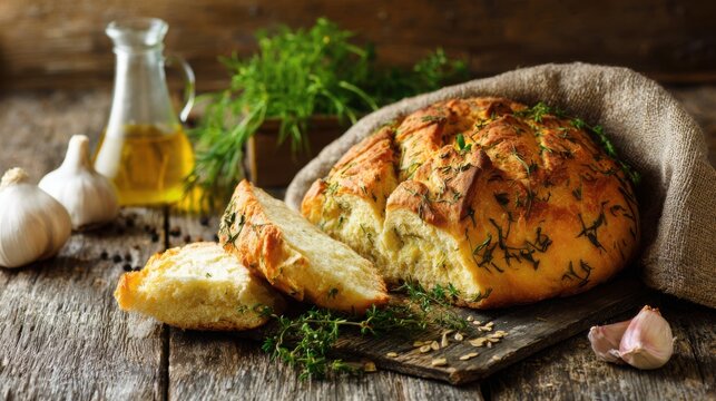 homemade bread with herbs on wooden table rustic baking natural texture warm light close