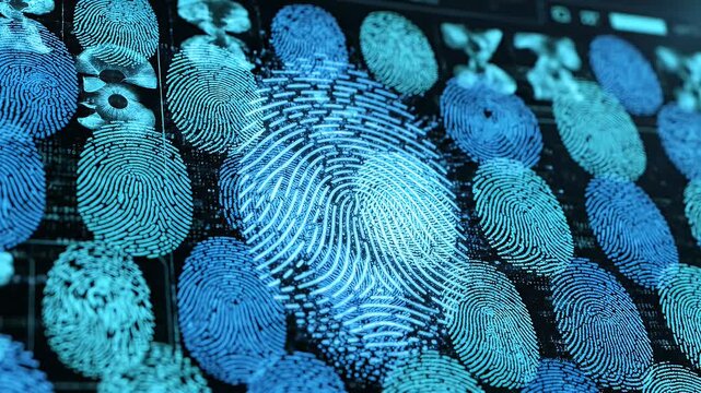 Futuristic digital fingerprint scan with iris biometric security and data analysis