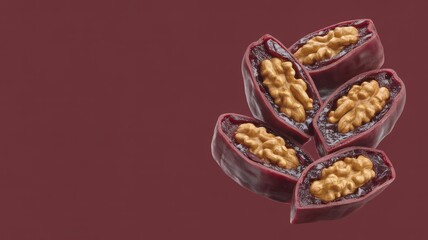 Obraz premium Sliced churchkhela bites with walnuts on a dark maroon background