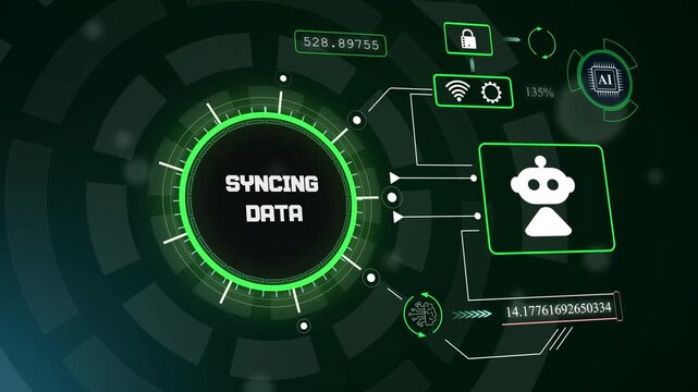 Futuristic interface for automated syncing data processes and real-time cloud backup management with robotic icon, hud animation