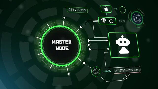 Futuristic digital dashboard showcasing active master node status for secure global servers and professional tech monitor videos, hud animation