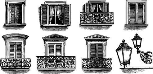 Fototapeta premium Window shutters and balcony rails arranged on white background
