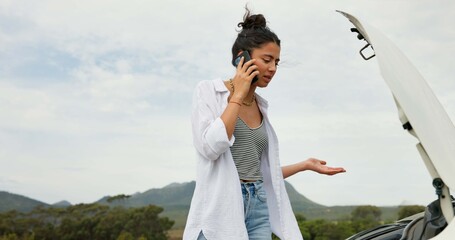 Plakat Woman, phone call and car breakdown for travel crisis, contact insurance or roadside assistance. Space, person and mobile chat for vehicle emergency, towing service or mechanic advice for engine fail