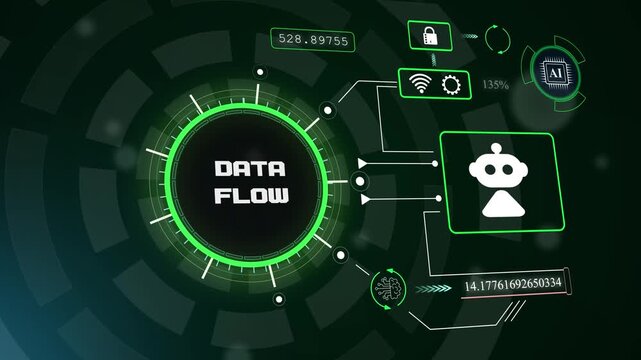 Futuristic digital data flow visualization with robotic icon for automated information transfer and high-speed network communication, hud animation