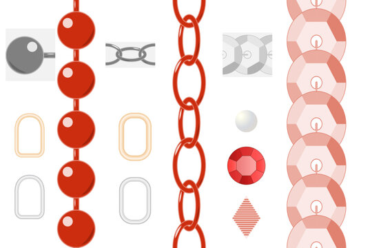 Vector set of fashion design brushes featuring metallic chains, red ball beads, and shimmering sequins. Includes decorative elements like ruby crystals, pearls, metal fasteners, and satin stitch