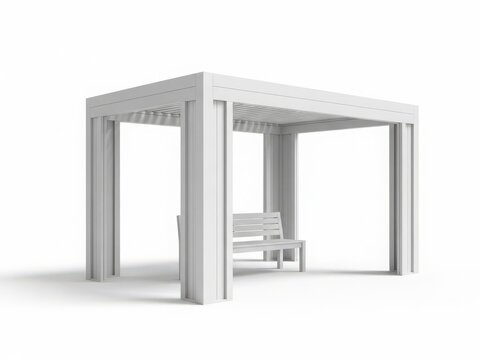 Modern white pergola with intricate beam design and built-in seating