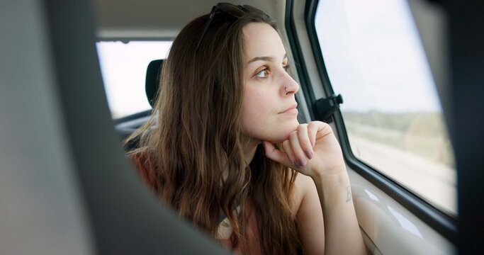 Thinking, calm and woman in car with road trip, memory and daydreaming on weekend break. Reflection, window and person in vehicle with travel, sightseeing and peaceful perspective in motor journey.